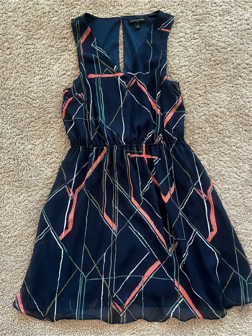 Banana Republic Navy Mini Dress with Coral and Cream Geometric Lines - Picture 2 of 4